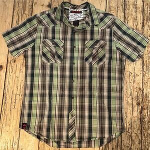 Tony Hawk men’s size M green brown black plaid shortsleeve button down shirt